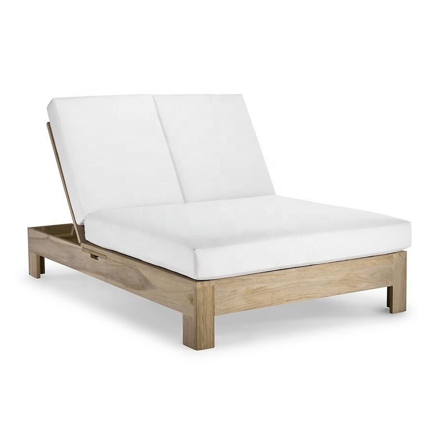 Hot sale beach outdoor teak wood chaise lounge DOUBLE CHAISE WITH CUSHIONS