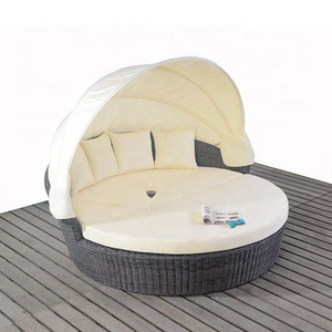 Outdoor rattan furniture round sun bed folding canopy garden beach wicker chaise lounge