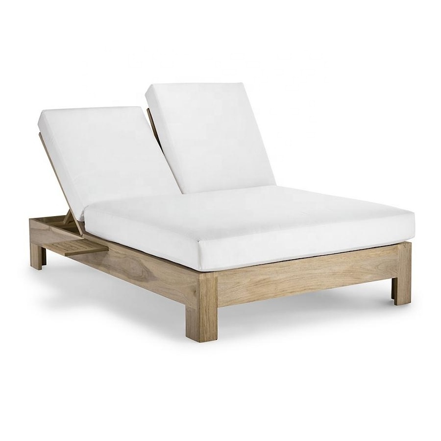 Hot sale beach outdoor teak wood chaise lounge DOUBLE CHAISE WITH CUSHIONS