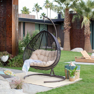 Outdoor rattan furniture set wicker Hanging Double Egg Chair with Cushion and Stand