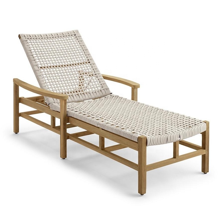 Swimming pool daybed teak wood chaise lounge with rattan weaving sun lounger