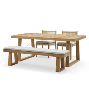 All Weather Teak Wood Dining Table with Bench and Chairs with Rope  Teak Outdoor Patio Furniture Dining Set