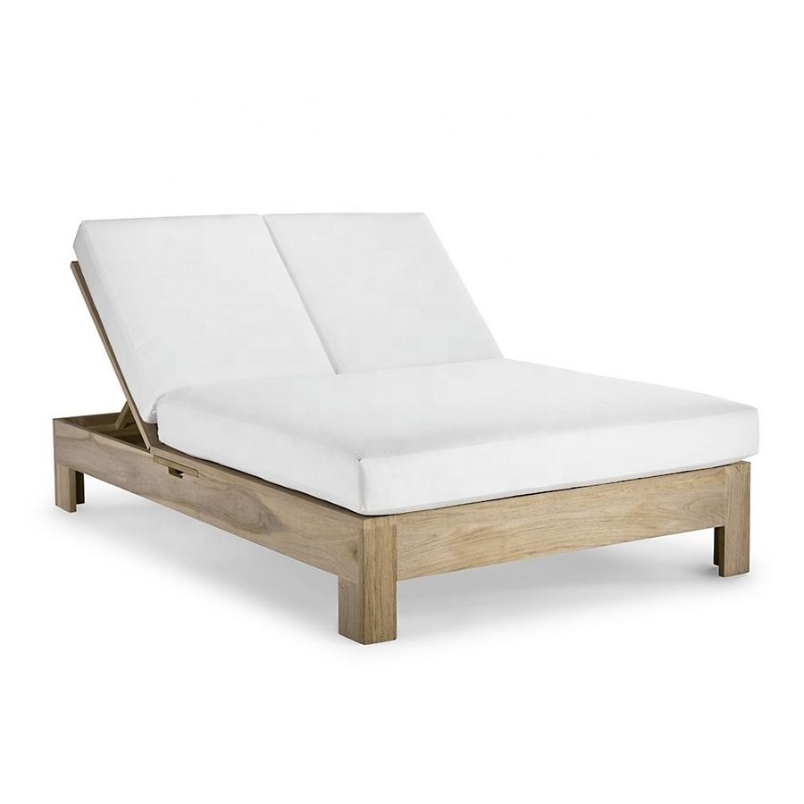 Hot sale beach outdoor teak wood chaise lounge DOUBLE CHAISE WITH CUSHIONS