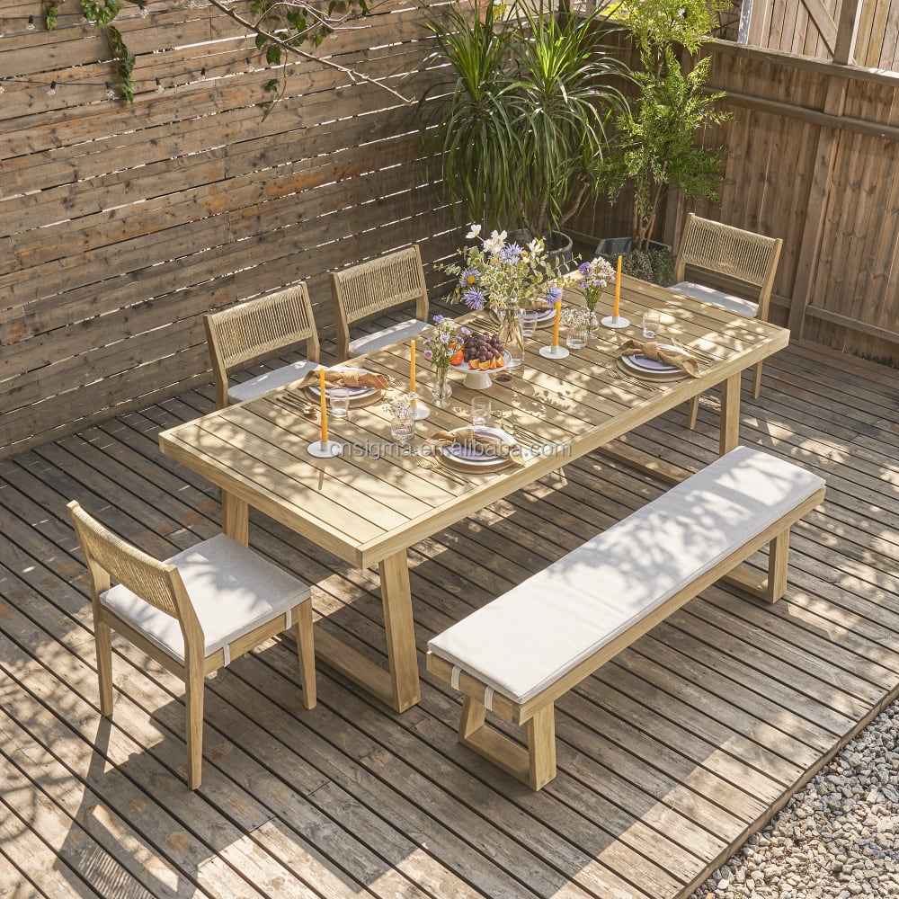 All Weather Teak Wood Dining Table with Bench and Chairs with Rope  Teak Outdoor Patio Furniture Dining Set