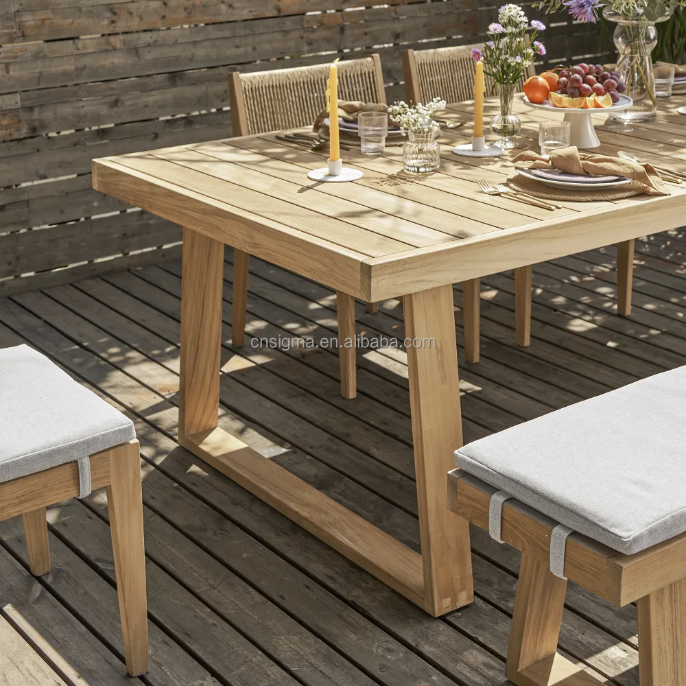 All Weather Teak Wood Dining Table with Bench and Chairs with Rope  Teak Outdoor Patio Furniture Dining Set