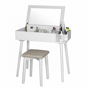 White Dressing Table with Foldable Mirror and Stool Makeup Vanity Table Bedroom Dresser Set with 10 Compartments for Storage