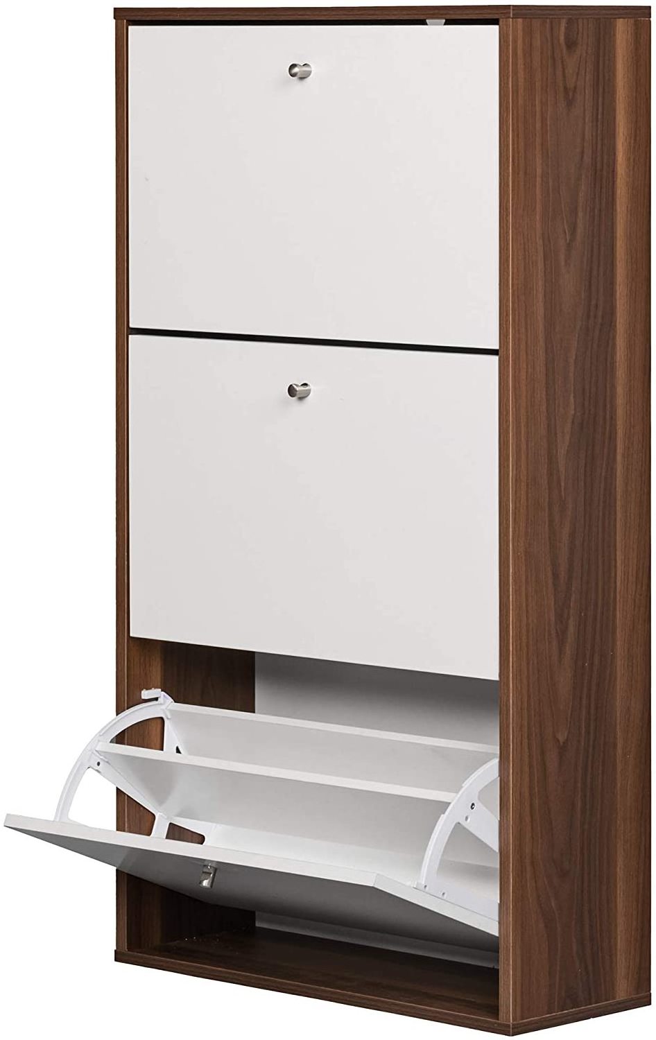 Shoe Cabinet Shoe Rack Flip Down Entryway Storage Organizer 3 Tier with 3 Slanted Drawers (Wood, White)