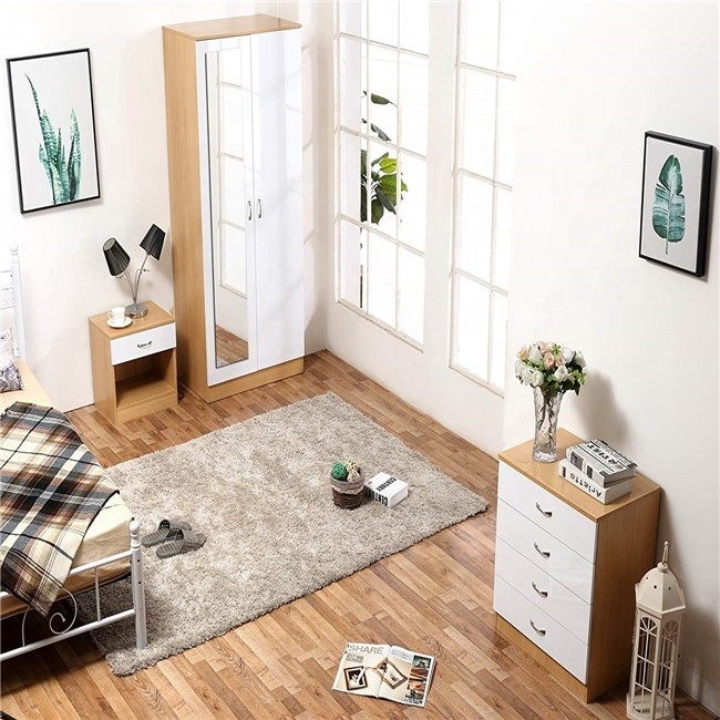 Mirrored High Gloss 3 Piece Bedroom Furniture Sets Soft Close Wardrobe 4 Drawer Chest Bedside Cabinet