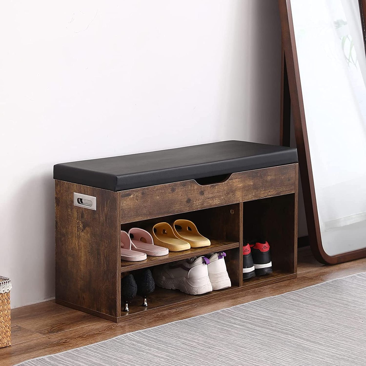 Shoe Cabinet Storage Bench with Cushion, 3-Tier Entryway Shoe Rack Open Compartment for Shoes and Boots, Retro Brown