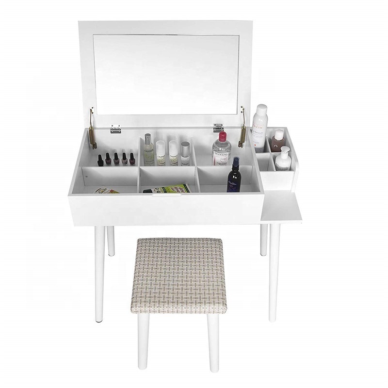 White Dressing Table with Foldable Mirror and Stool Makeup Vanity Table Bedroom Dresser Set with 10 Compartments for Storage