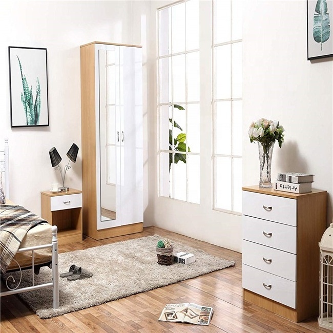 Mirrored High Gloss 3 Piece Bedroom Furniture Sets Soft Close Wardrobe 4 Drawer Chest Bedside Cabinet