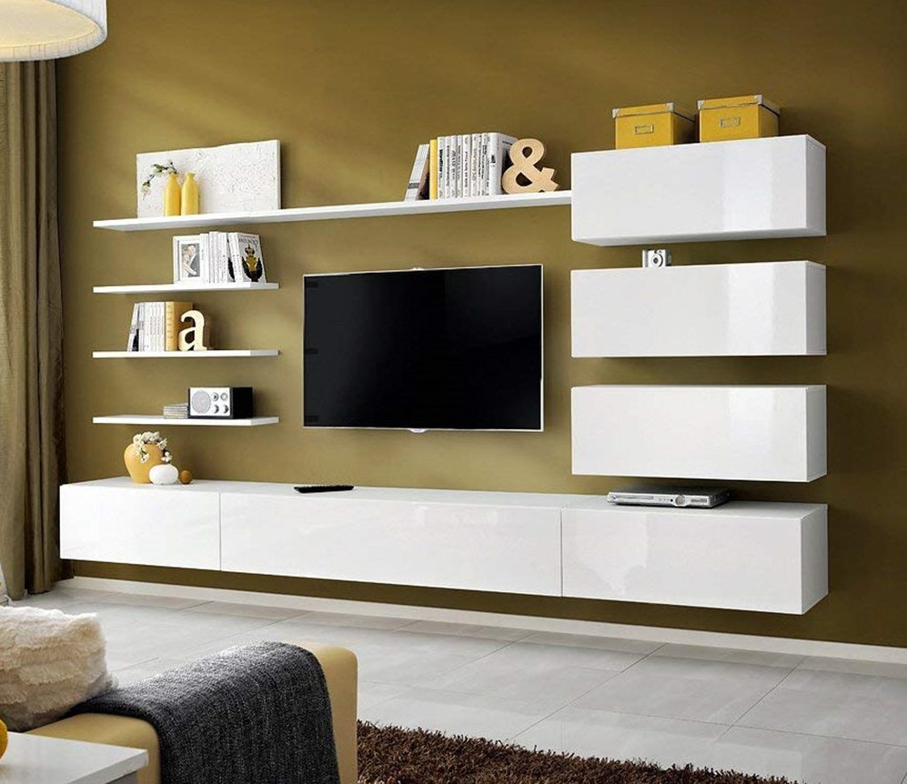 High quality Sales Classic White High Gloss UV Integrated Wall Unit Designs TV Stand TV cabinet