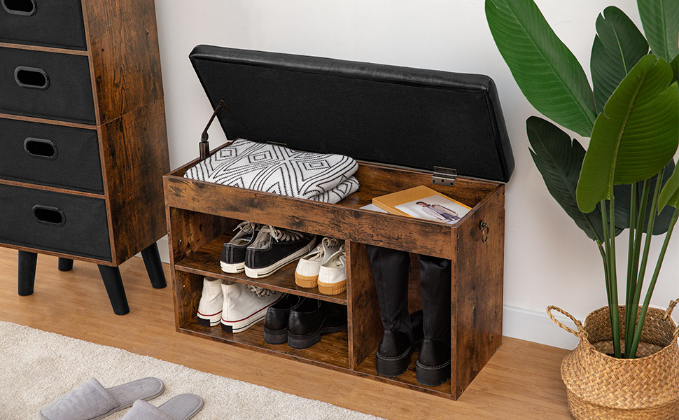 Shoe Cabinet Storage Bench with Cushion, 3-Tier Entryway Shoe Rack Open Compartment for Shoes and Boots, Retro Brown