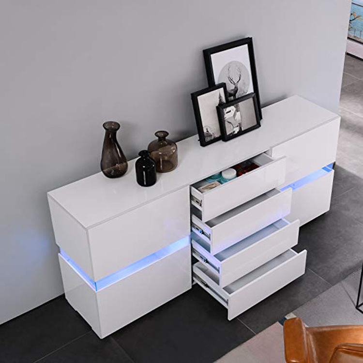 New design wood LED cupboard storage 2 door 4 drawer side cabinet withe gloss Sideboard Cabinet Tableware Storage Credenza