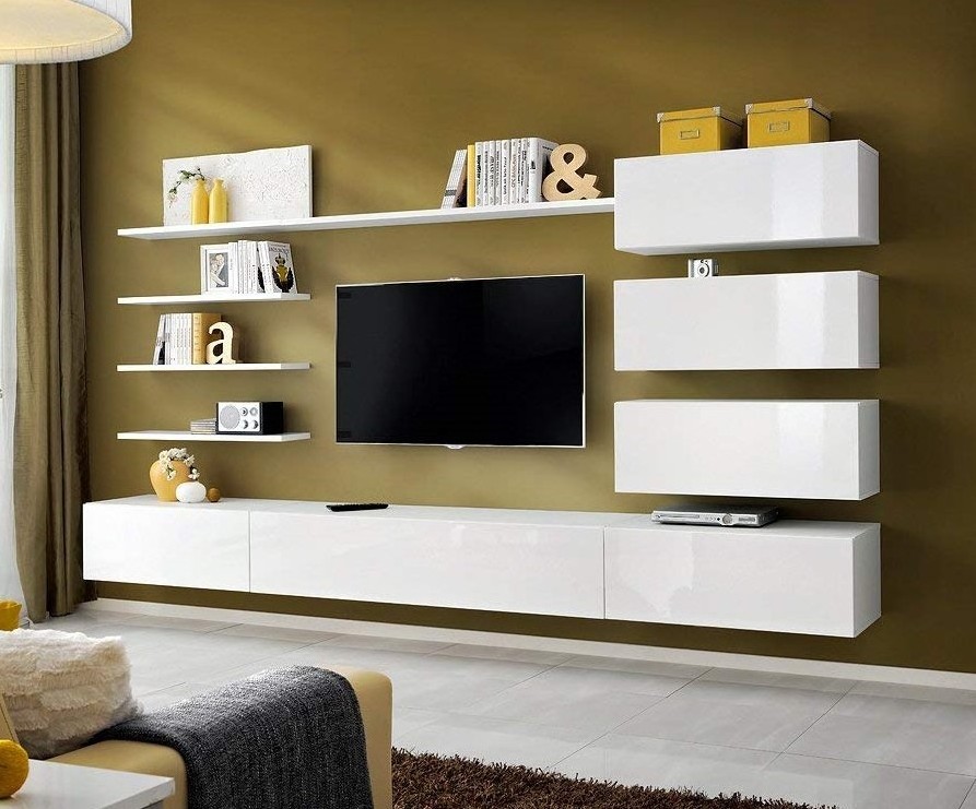 High quality Sales Classic White High Gloss UV Integrated Wall Unit Designs TV Stand TV cabinet