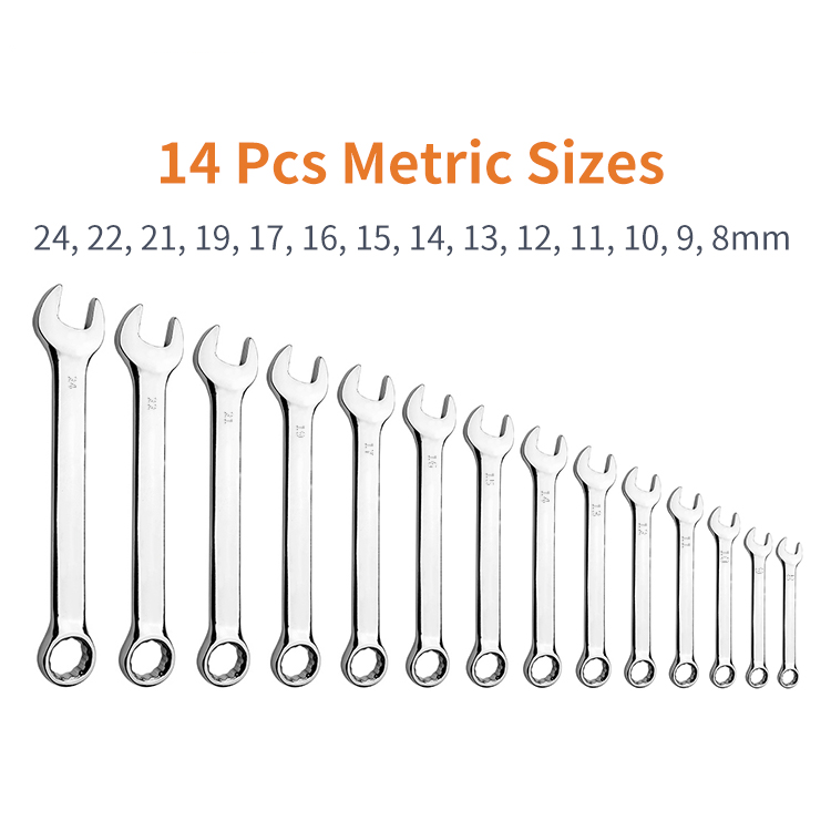 SINOTOOLS 14Pcs Hand Wrench Tool 8 To 24 Open End Combination Spanner Wrench Set