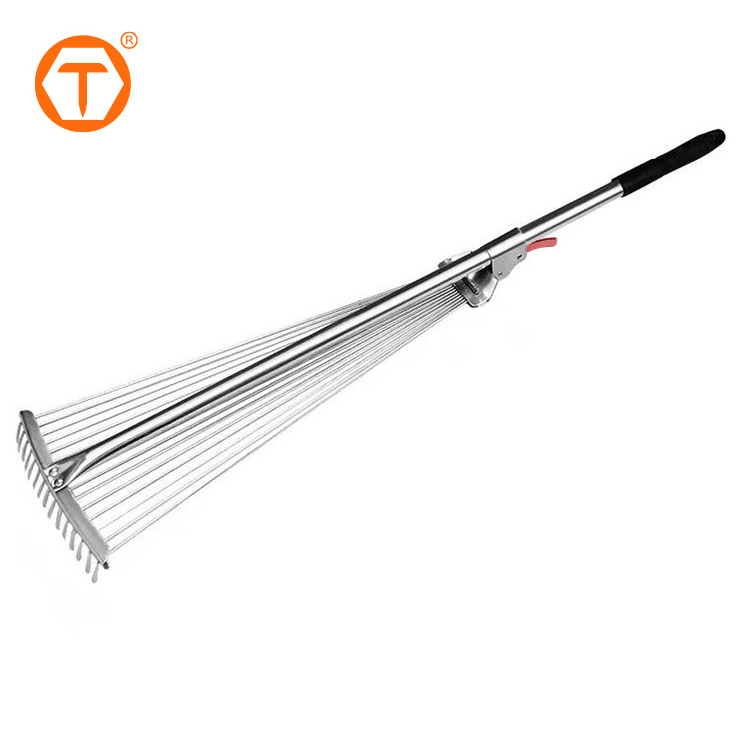 15 Teeth fan long handle telescopic rake leaf grabber metal landscape garden leaf rake adjustable