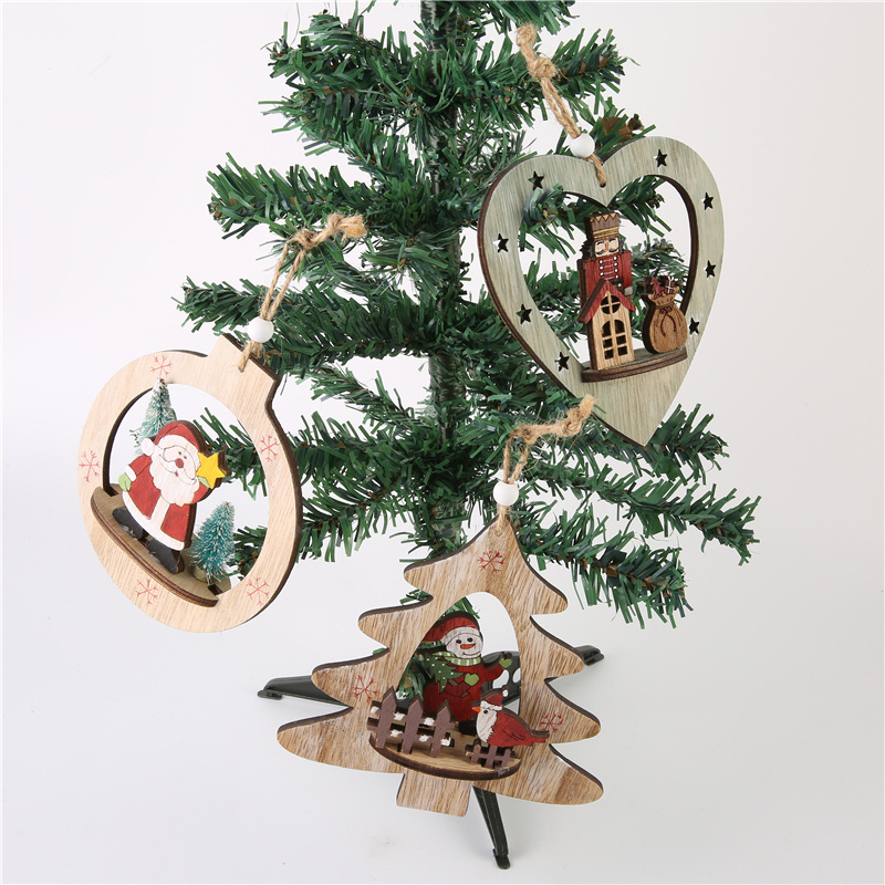 Small Wood Snowman Tree Ornaments Christmas Tree Shape Santa Claus Heart Shape Hanging Decorations