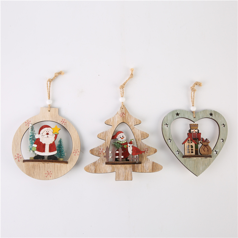 Small Wood Snowman Tree Ornaments Christmas Tree Shape Santa Claus Heart Shape Hanging Decorations