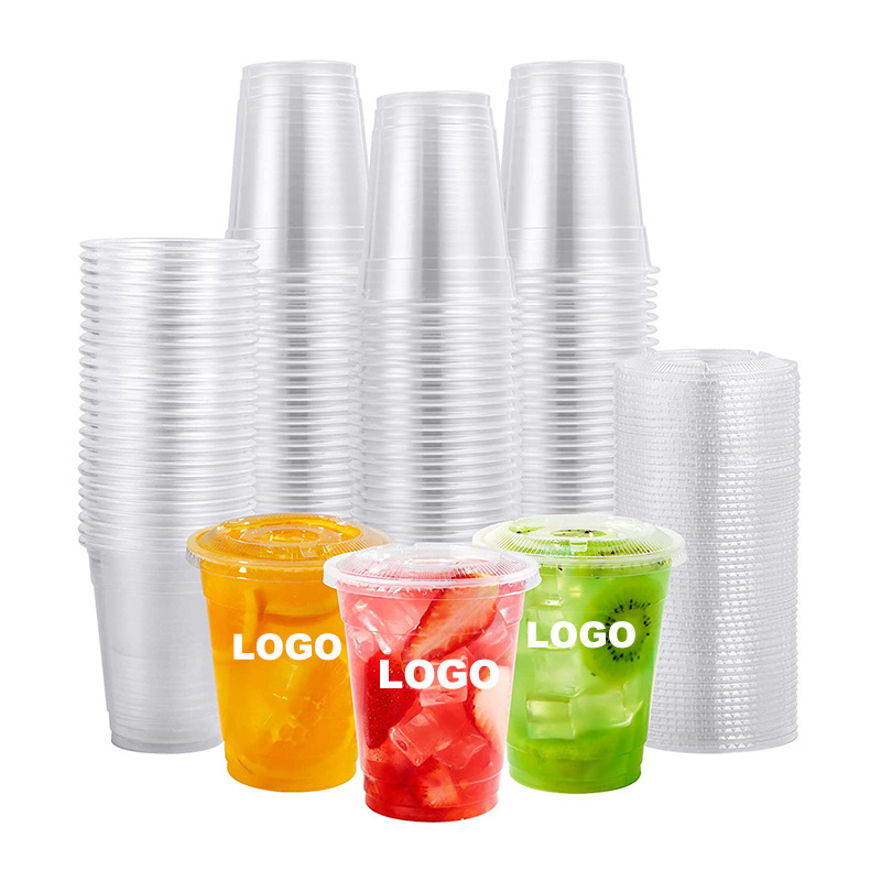 SKYDEAR 12oz Clear Plastic Cups Disposable Cold Drinking Party Cups with Flat Lids with Holes for Iced Cold Drinks Coffee Tea