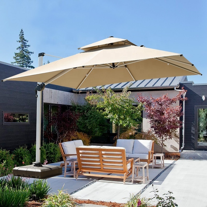 Easy to Open Exterior Cantilever LED Outdoor Cafe Parasols Solar Light Umbrella Sunshade Patio Umbrella With LED light