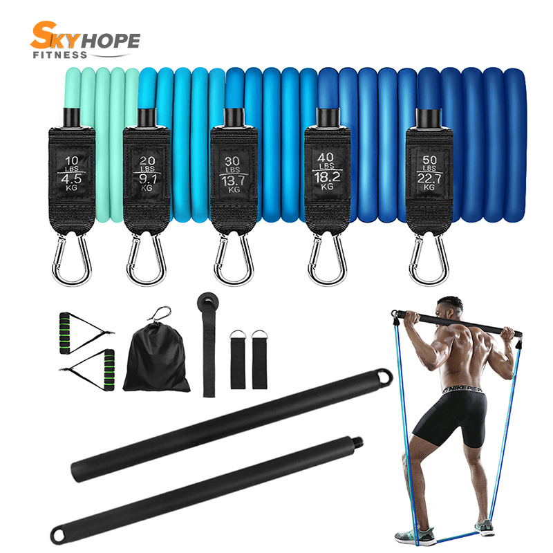 Adjustable Bodybuilding Pilates Bar Multifunction Rubber Expander Exercise Elastic Pull Rope With Training Bar 11Pcs/Set