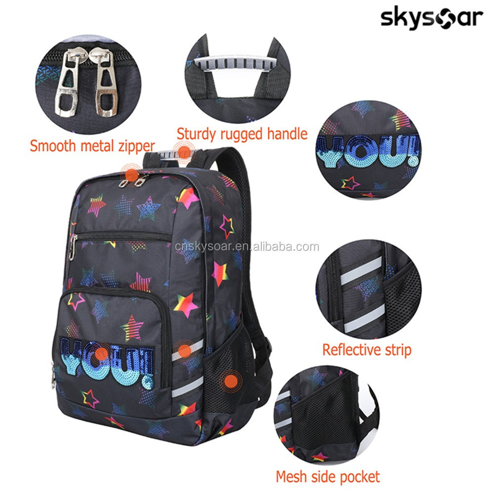 Lightweight Durable Black School Backpack For Girls With Shining Sequin Casual Travel Backpack