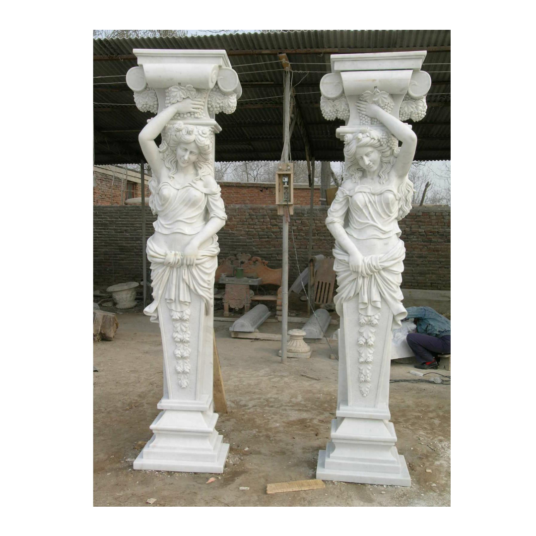 Factory Custom House Construction Decorative Hand Carved Solid Beige Marble Greek Female Statue Column