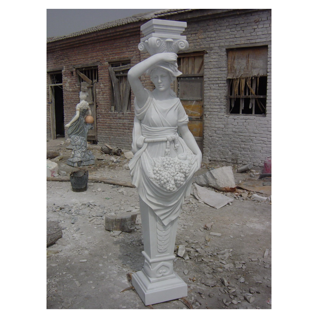 Factory Custom House Construction Decorative Hand Carved Solid Beige Marble Greek Female Statue Column