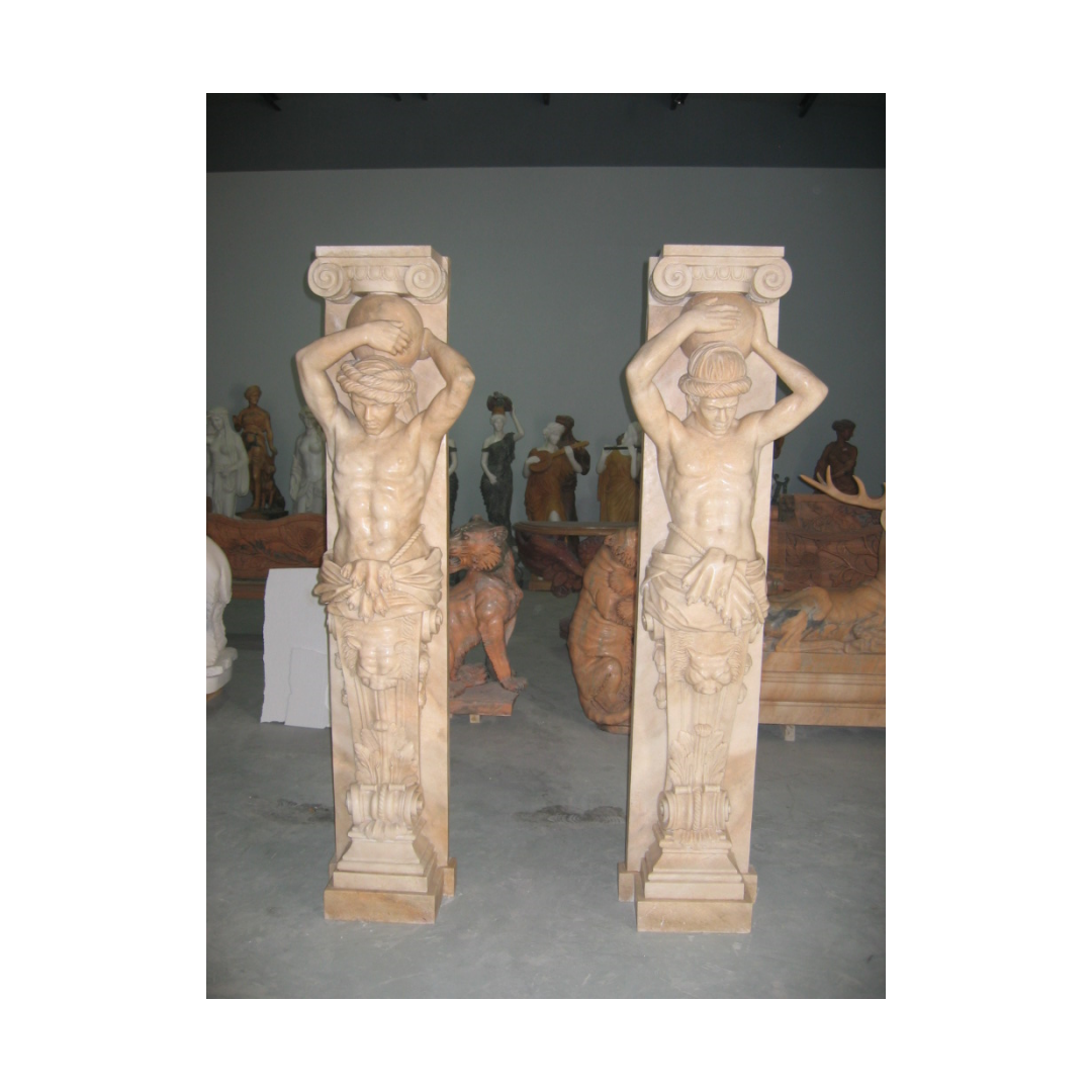 Factory Custom House Construction Decorative Hand Carved Solid Beige Marble Greek Female Statue Column