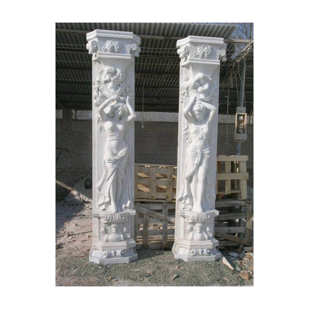 Factory Custom House Construction Decorative Hand Carved Solid Beige Marble Greek Female Statue Column