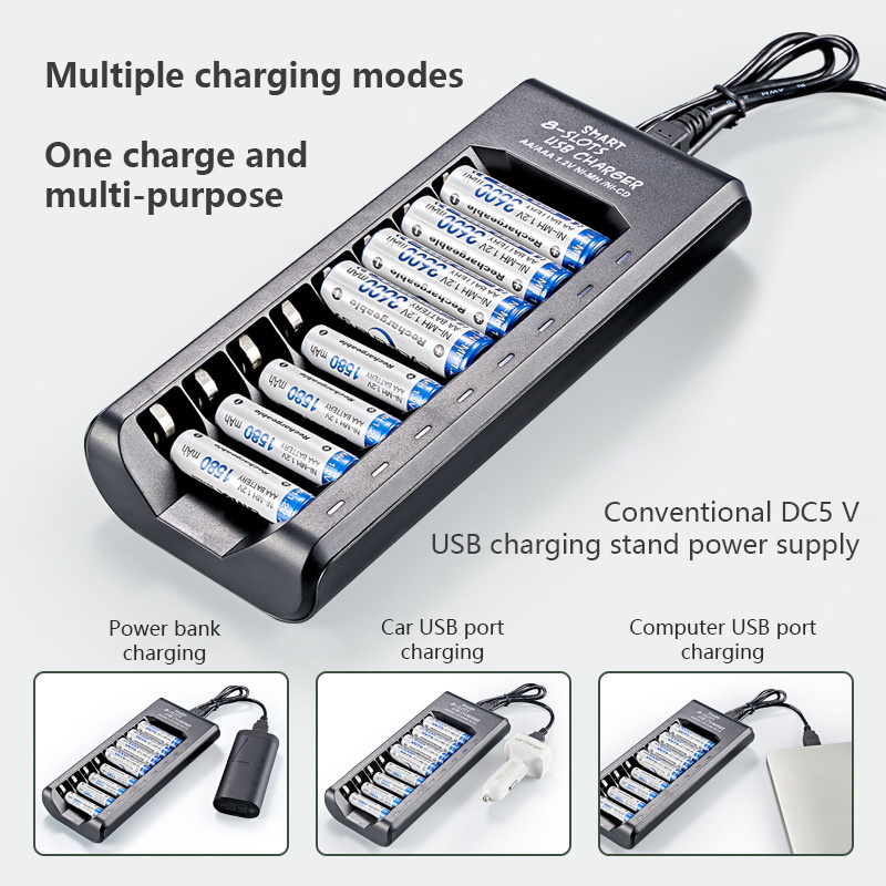 AA/AAA USB Smart 8 Slots Portable Battery Charger LED Lights Rechargeable NIMH Battery Adapter Charger