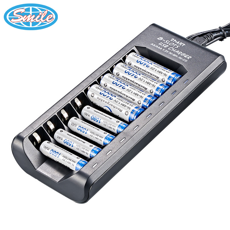 AA/AAA USB Smart 8 Slots Portable Battery Charger LED Lights Rechargeable NIMH Battery Adapter Charger