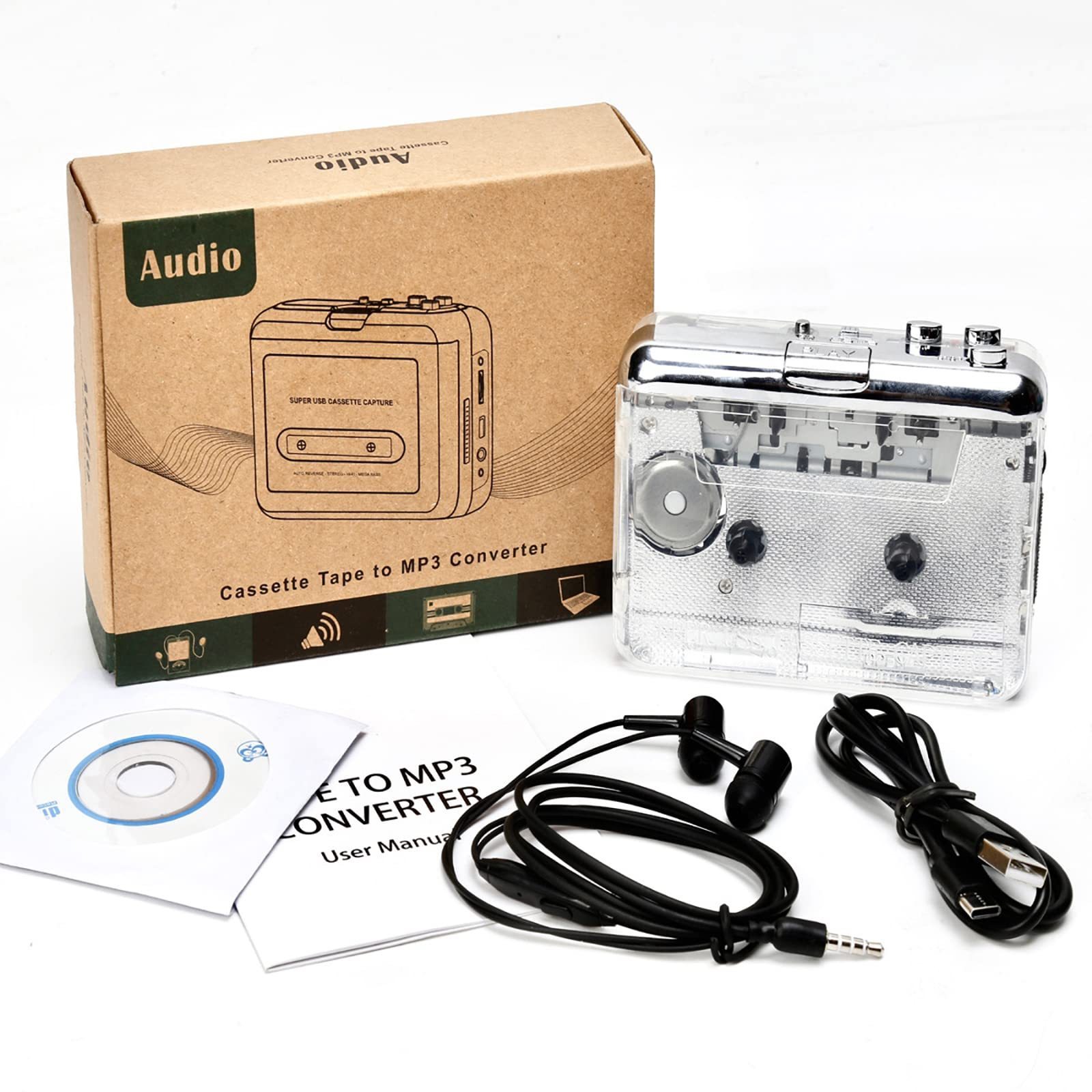 Classic Transparent Tape Player, Multifunction Cassette to MP3 Converter, Compact Player, Captures MP3 Audio Music Via USB