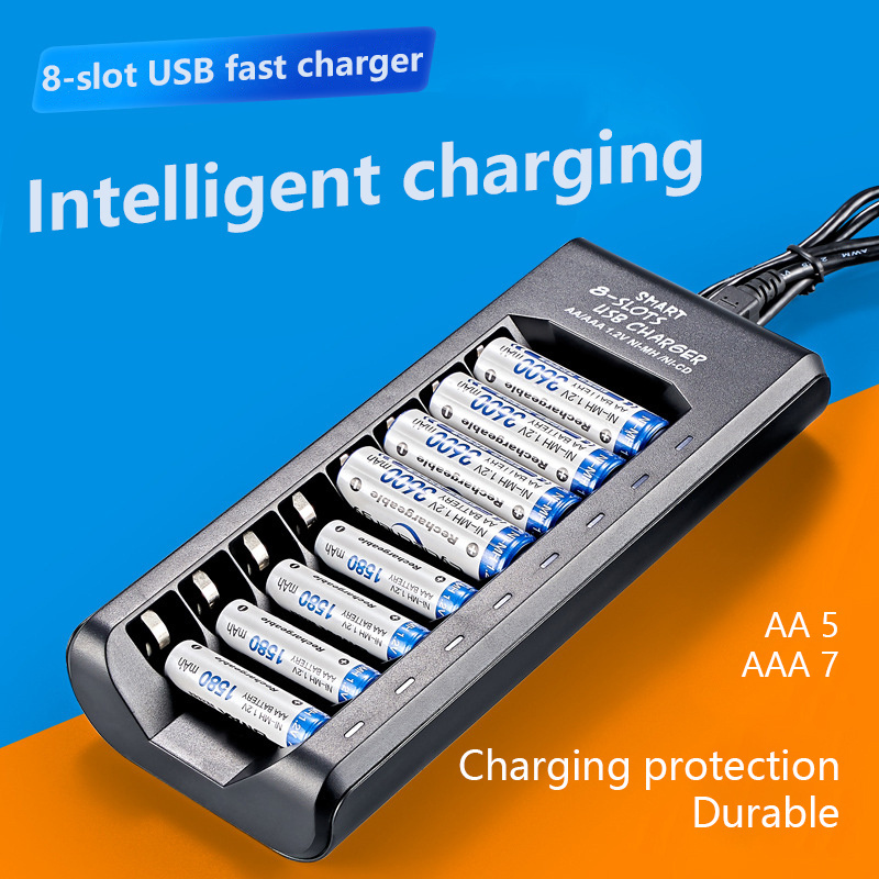 AA/AAA USB Smart 8 Slots Portable Battery Charger LED Lights Rechargeable NIMH Battery Adapter Charger