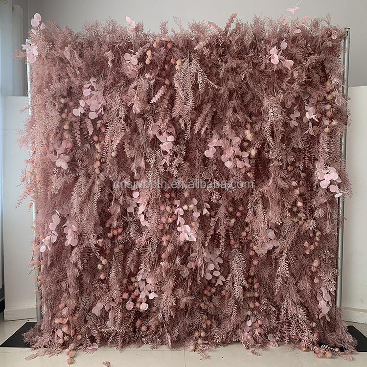 Customized Long Drapery Cream White 3D Hairy Feather Flower Wall With Butterfly Orchid Roll Up Floral Wall For Wedding Backdrop