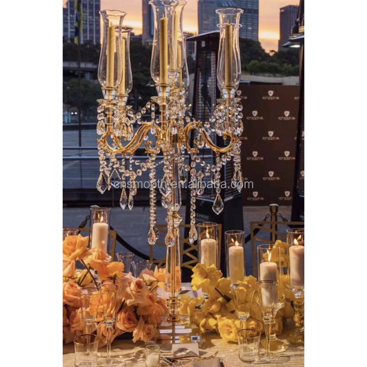 Tall Wedding Gold Metal Candelabra Glass Acrylic Crystal Candle Holder With Hanging Crystal Drops