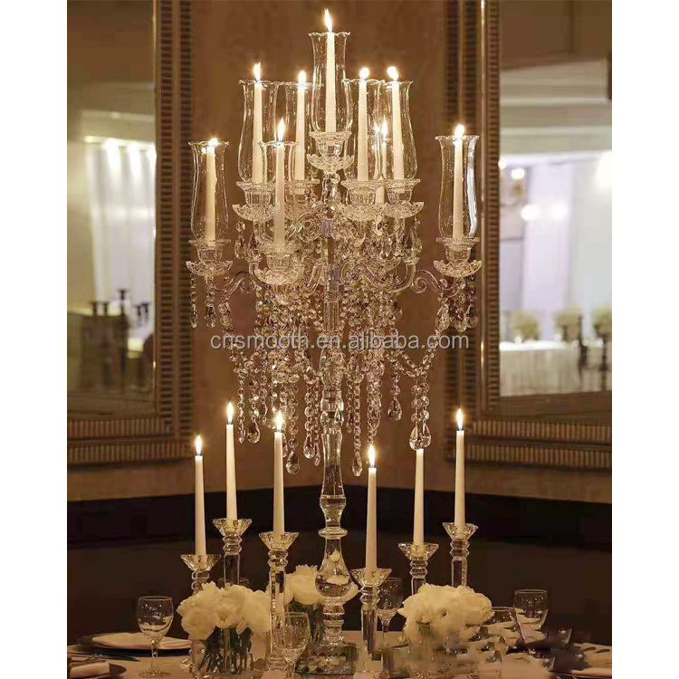 Tall Wedding Gold Metal Candelabra Glass Acrylic Crystal Candle Holder With Hanging Crystal Drops