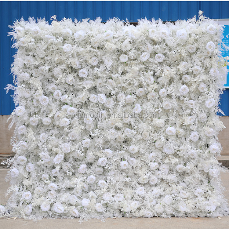 Customized Long Drapery Cream White 3D Hairy Feather Flower Wall With Butterfly Orchid Roll Up Floral Wall For Wedding Backdrop