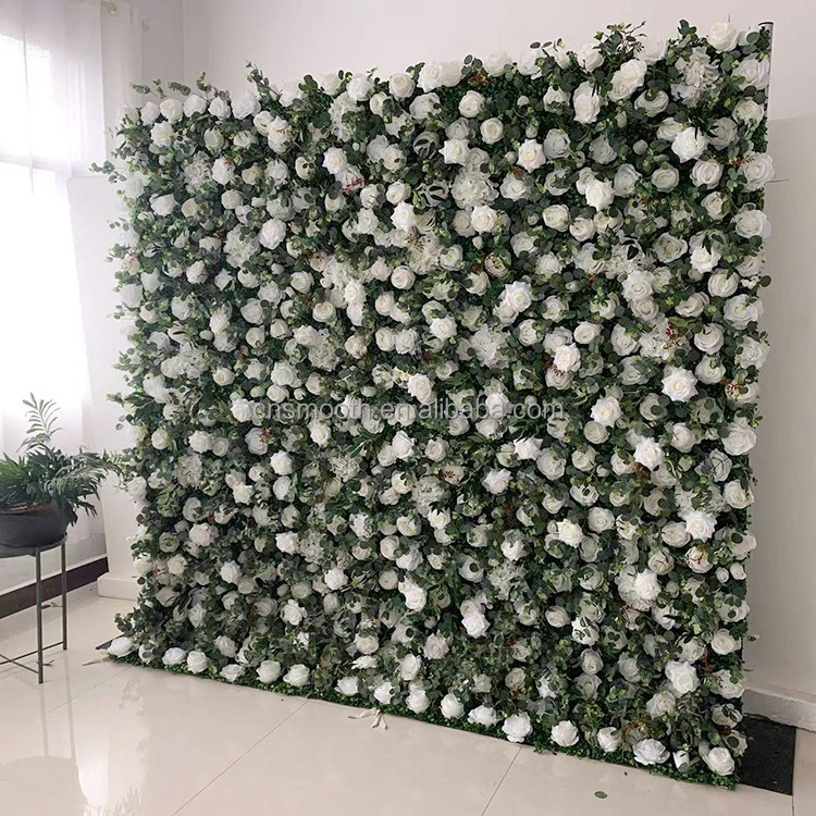 Customized Long Drapery Cream White 3D Hairy Feather Flower Wall With Butterfly Orchid Roll Up Floral Wall For Wedding Backdrop