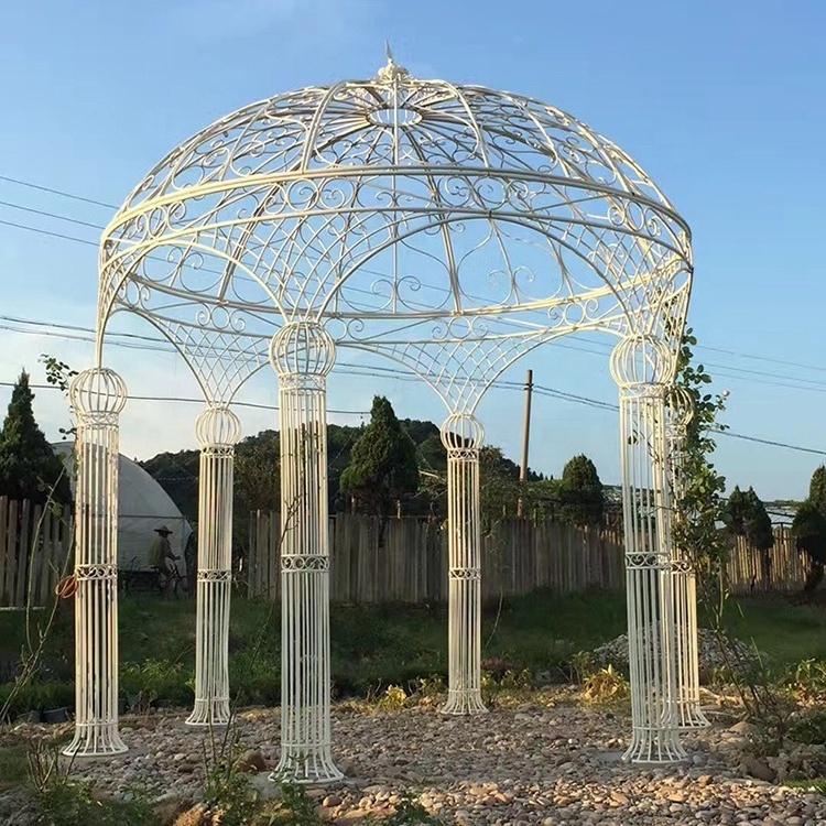 Antique White Iron Pavilion Metal Frame Wedding Arch Round Garden Gazebo For Sale