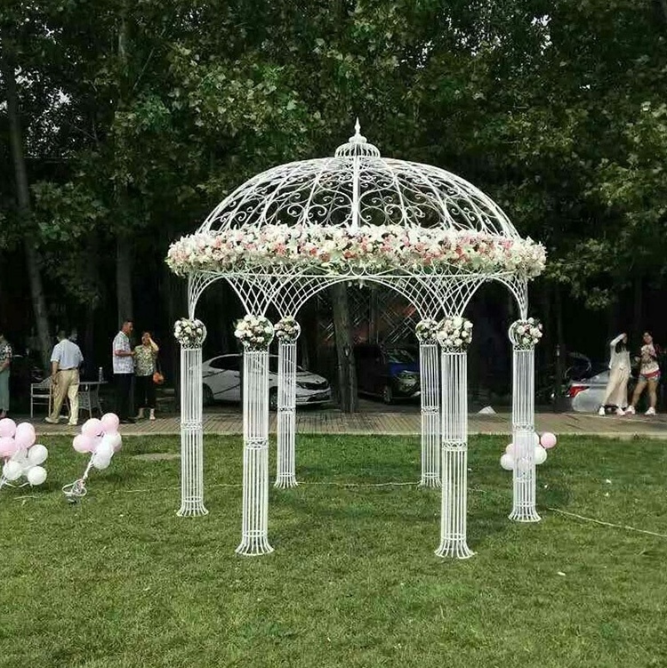 Antique White Iron Pavilion Metal Frame Wedding Arch Round Garden Gazebo For Sale