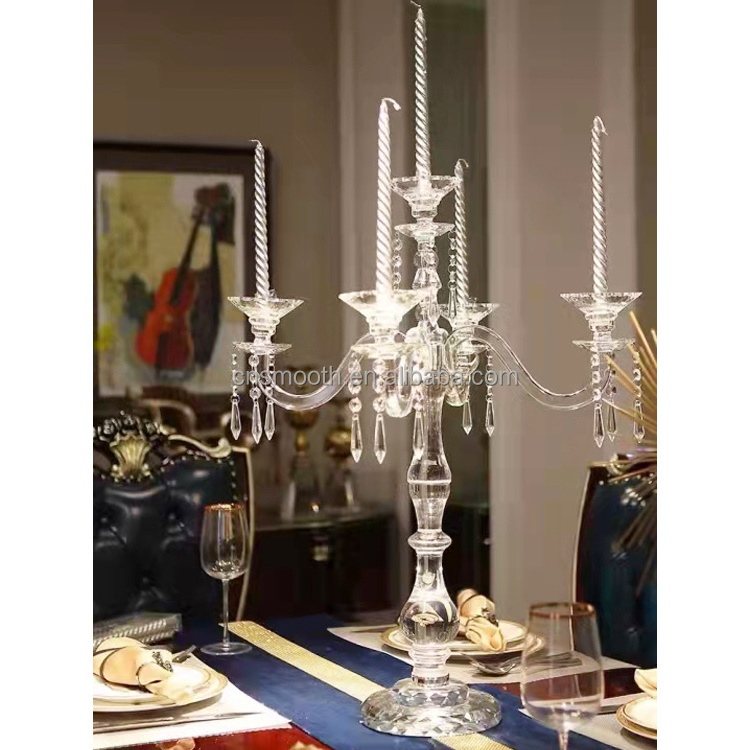 Tall Wedding Gold Metal Candelabra Glass Acrylic Crystal Candle Holder With Hanging Crystal Drops