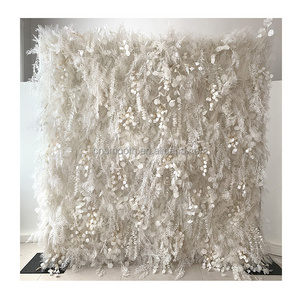 Customized Long Drapery Cream White 3D Hairy Feather Flower Wall With Butterfly Orchid Roll Up Floral Wall For Wedding Backdrop