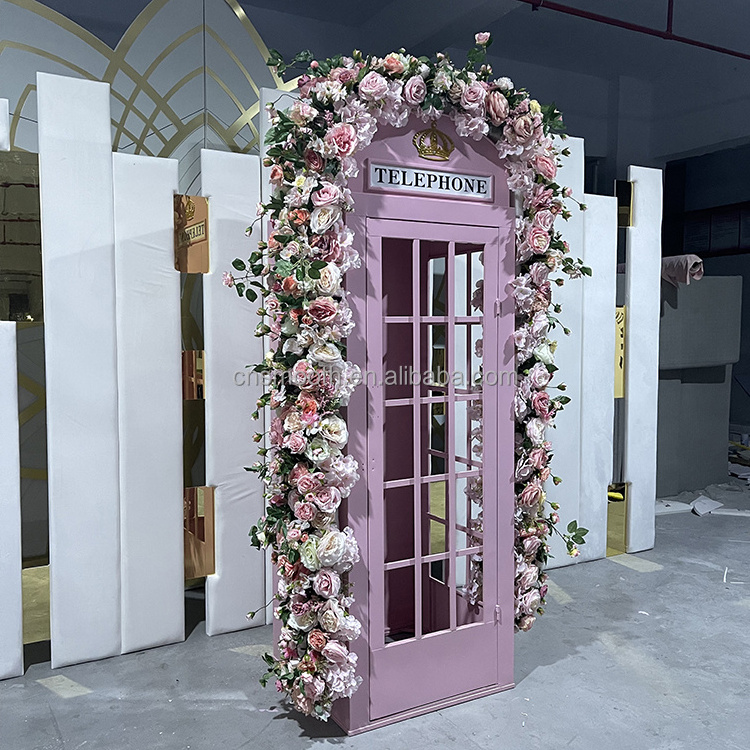 Wedding Antique London Red Pink Telephone Booth Decoration With Flowers for Sale