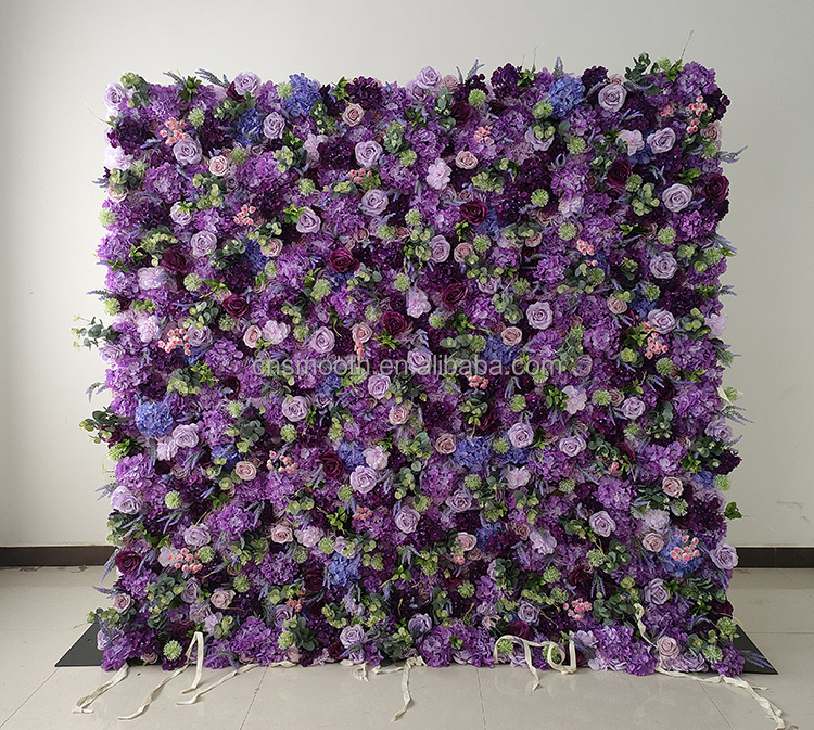 8ft x 8ft Wedding Customized Fabric Artificial 4d Roll Rose Row purple Pneoy Backdrop Flower Wall for Wedding Decor