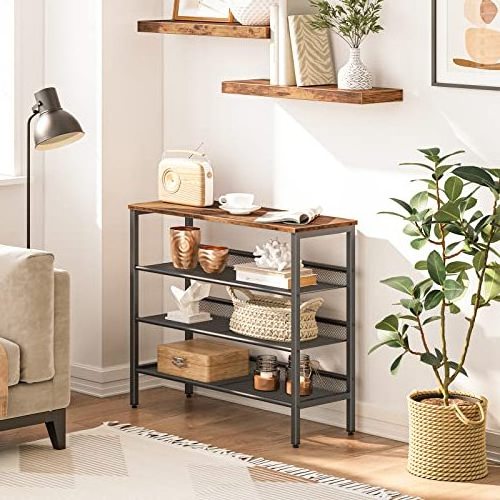 Industrial Shoe Rack 4-Tier Shoe Shelf,Storage Organizer Unit with 3 Mesh Shelves, Wood Look Accent Furniture with Metal Frame