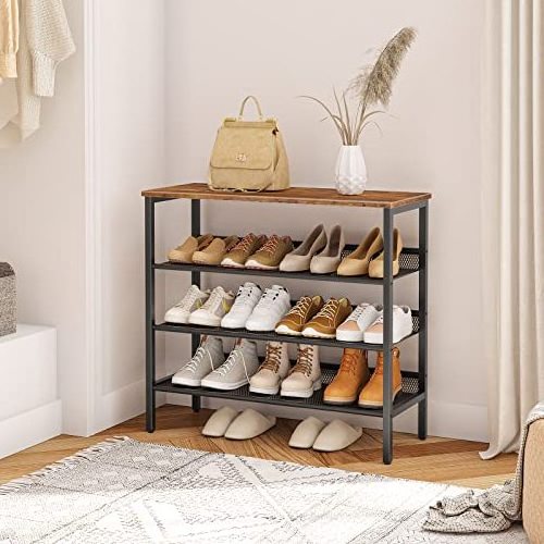 Industrial Shoe Rack 4-Tier Shoe Shelf,Storage Organizer Unit with 3 Mesh Shelves, Wood Look Accent Furniture with Metal Frame