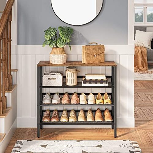 Industrial Shoe Rack 4-Tier Shoe Shelf,Storage Organizer Unit with 3 Mesh Shelves, Wood Look Accent Furniture with Metal Frame