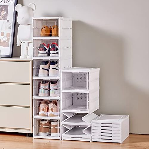 Shoe Organizer Storage Box, No Assembly Stackable Shoe Storage Bins with Clear Doorplastic Shoe Rack Set of 6-tier Plastic